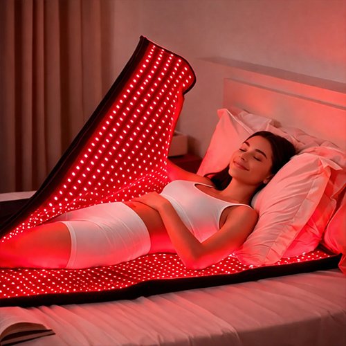 Client using full body red light therapy sleeping bag at hom